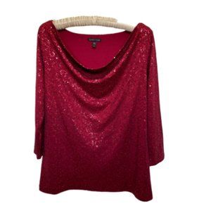 Eileen Fisher Red Sequin and Silk Draped Neckline top, Sz S/P